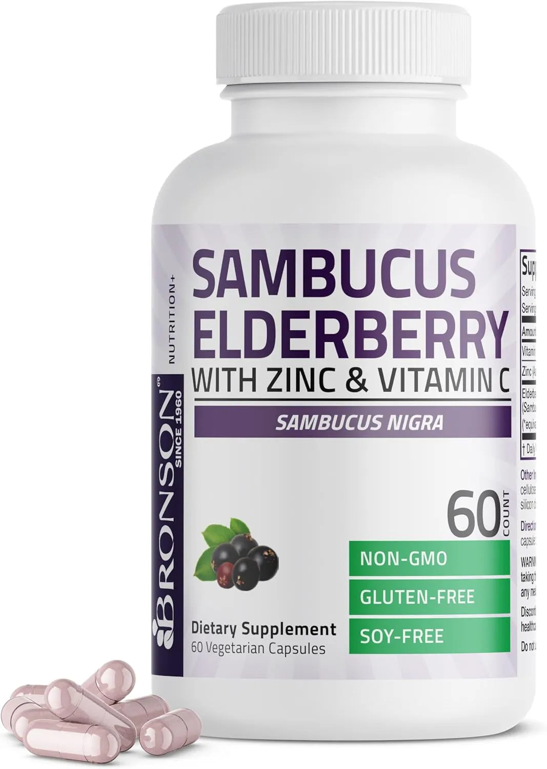 BRONSON - Bronson Sambucus Elderberry with Zinc & Vitamin C 60 Capsulas - The Red Vitamin MX - Suplementos Alimenticios - {{ shop.shopifyCountryName }}