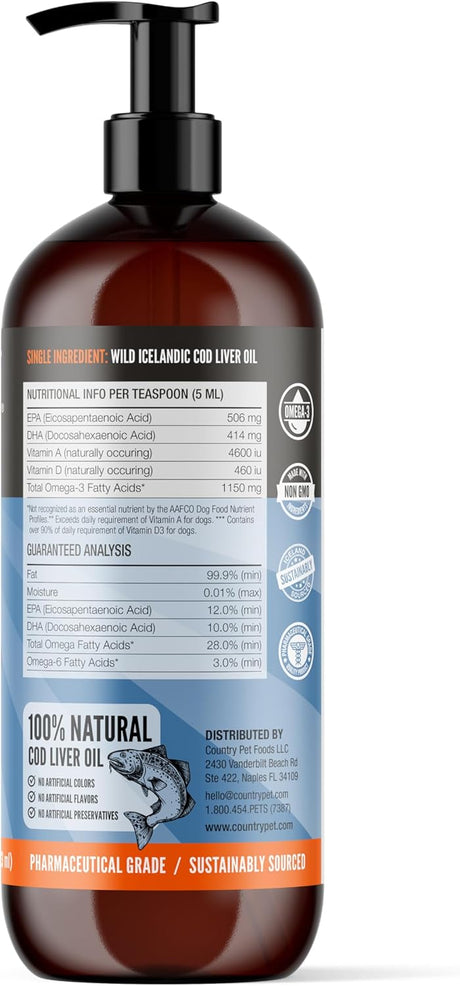 COUNTRYPET NATURALS - CountryPet Naturals Wild Caught Pure Cod Liver Oil 16 Fl.Oz. - The Red Vitamin MX - Aceite De Pescado Para Perros - {{ shop.shopifyCountryName }}