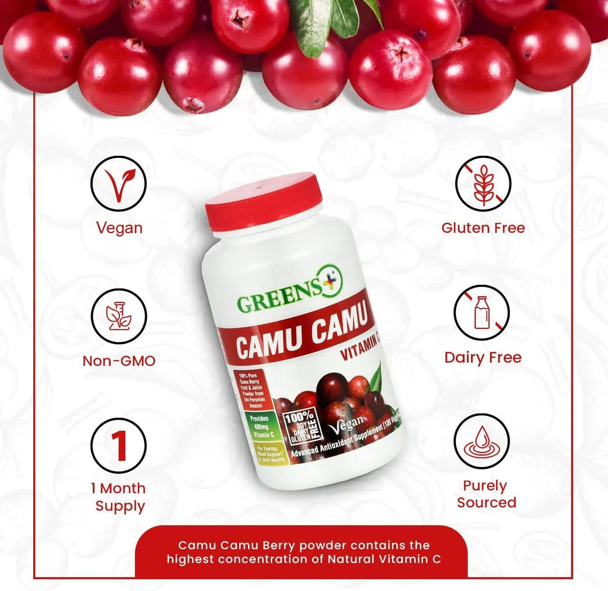 GREENS+ - Greens+ Camu Camu 120 Capsulas - The Red Vitamin MX - Suplementos Alimenticios - {{ shop.shopifyCountryName }}