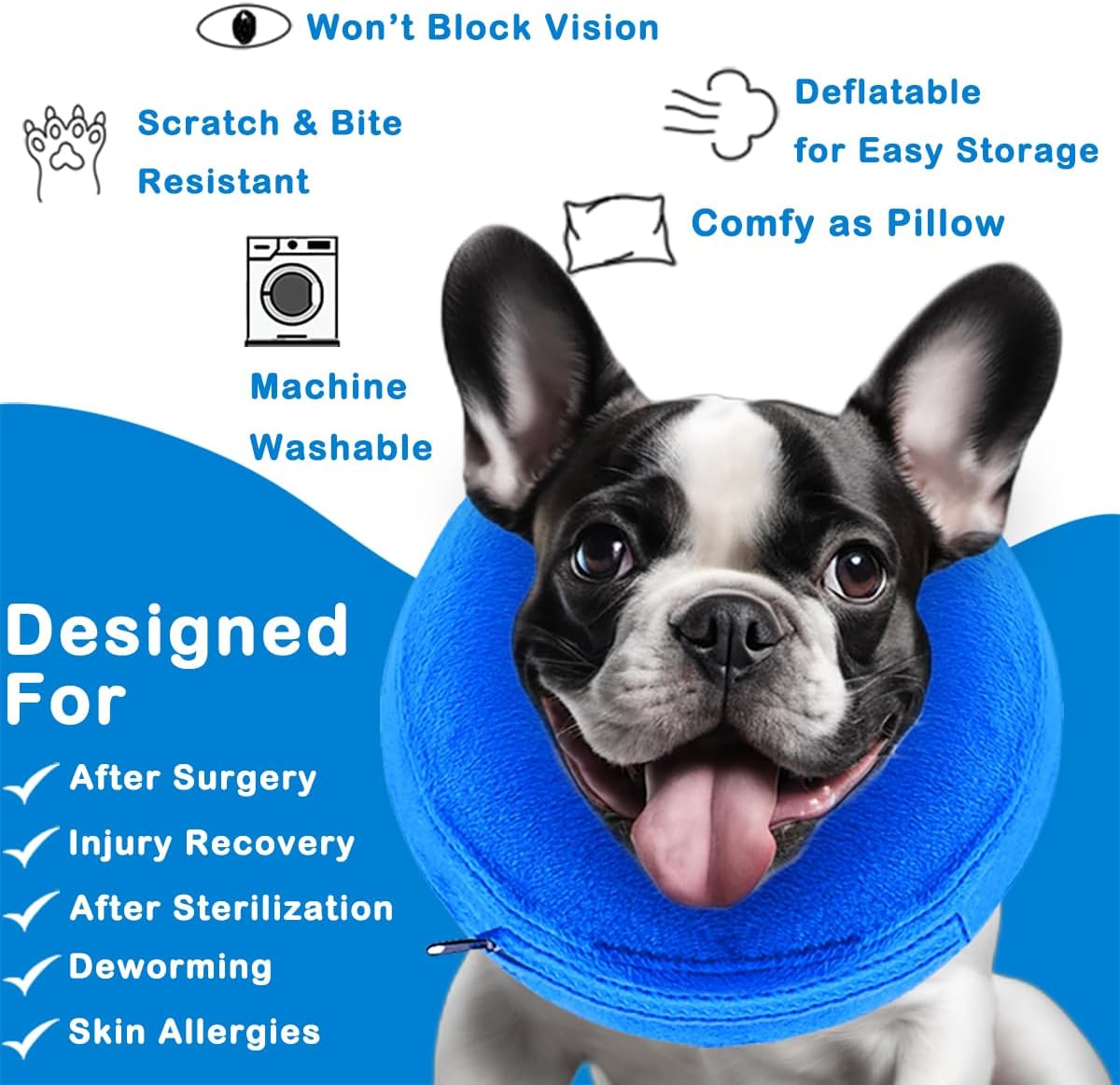 Infisu Soft Dog Cone Collar Inflatable BLUE LARGE 12"-18"