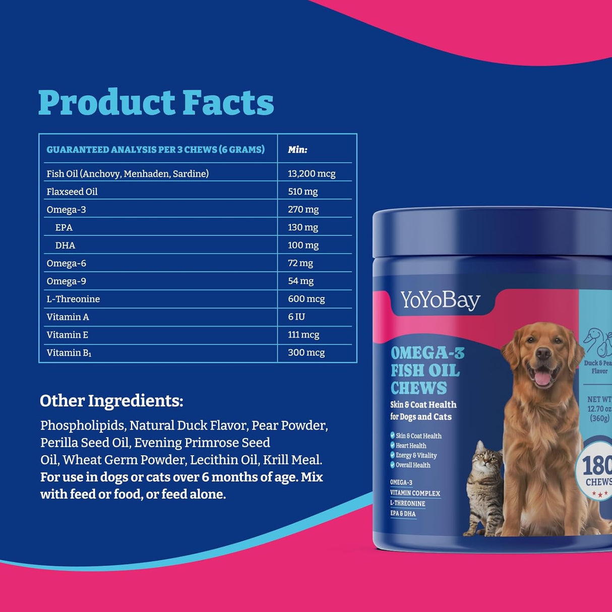 YoYoBay Omega 3 Fish Oil for Dogs 180 Masticables