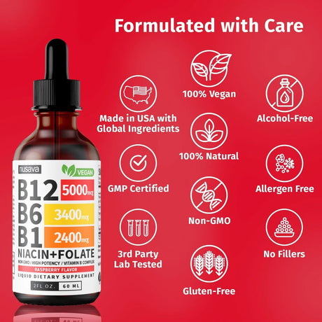 NUSAVA - NUSAVA Vitamin B12 and B6 Liquid Drops Raspberry 2 Fl.Oz. 2 Pack - The Red Vitamin MX - Suplementos Alimenticios - {{ shop.shopifyCountryName }}