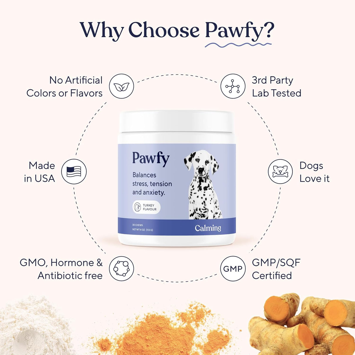 Pawfy Calming Chews for Dogs Turkey Treats 30 Masticables