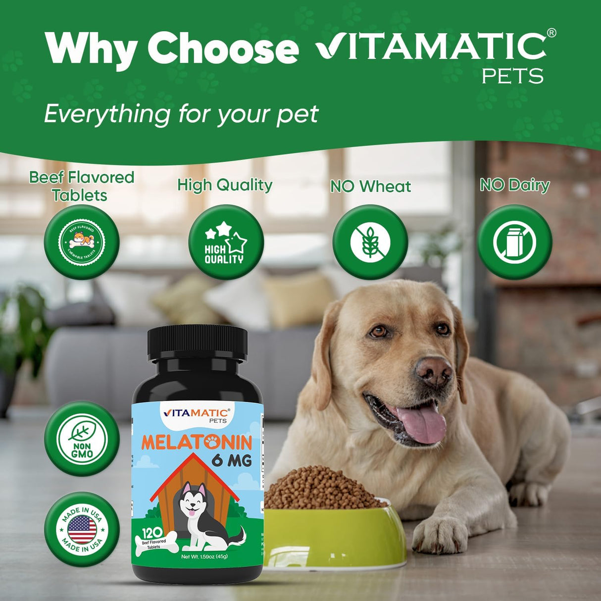 Vitamatic Melatonin for Dogs Beef Flavor 6Mg. 120 Tabletas Masticables