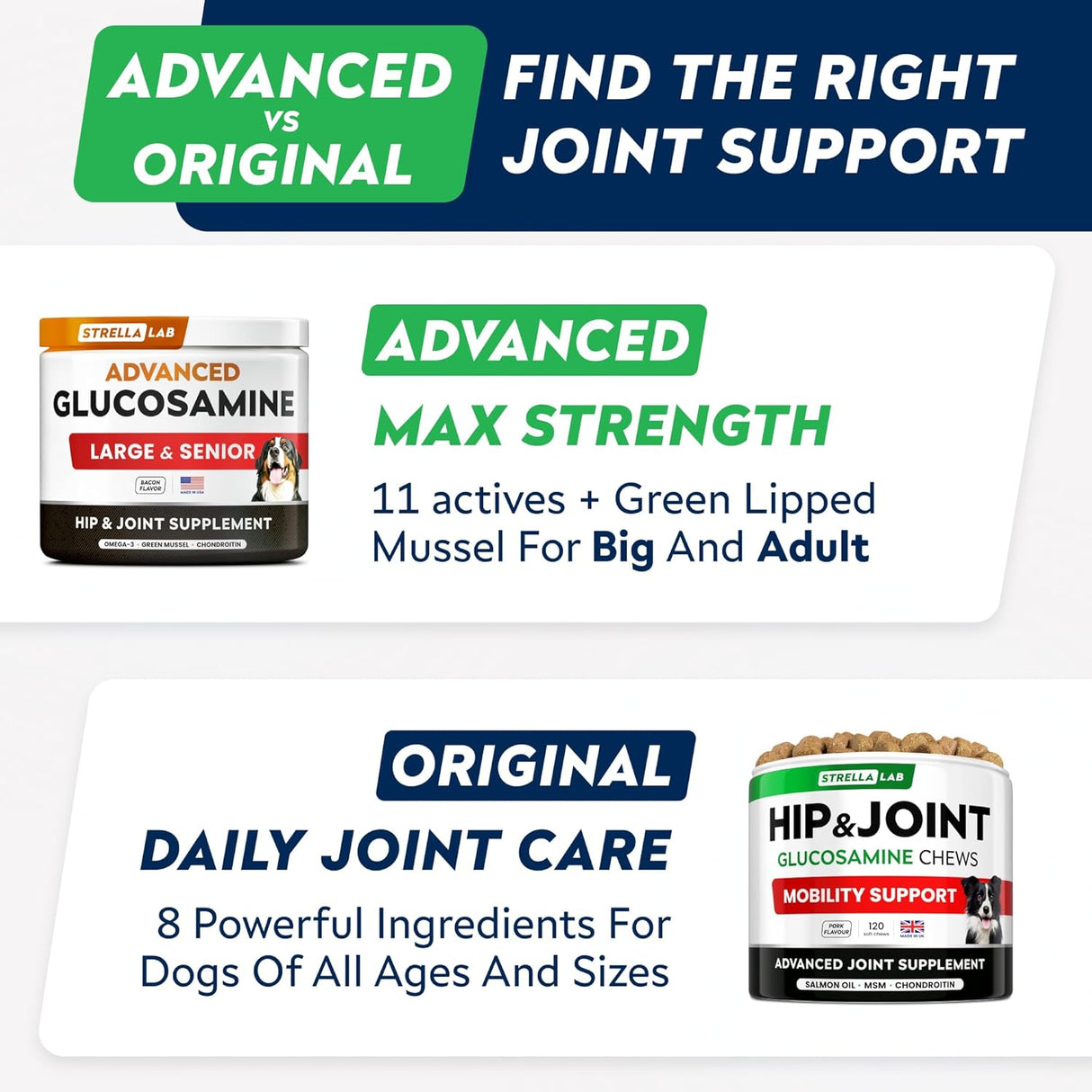 STRELLALAB Advanced Glucosamine Chondroitin Joint for Dogs Large & Senior Bacon Flavor 120 Masticables