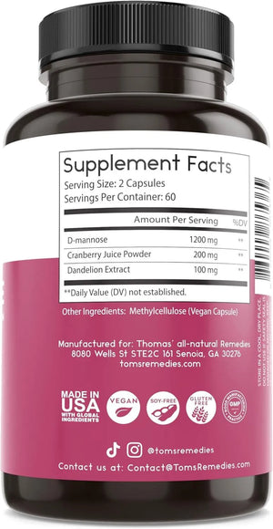 THOMAS REMEDIES - Thomas' all-natural Remedies D-mannose 1200Mg. with Cranberry and Dandelion 120 Capsulas - The Red Vitamin MX - Suplementos Alimenticios - {{ shop.shopifyCountryName }}