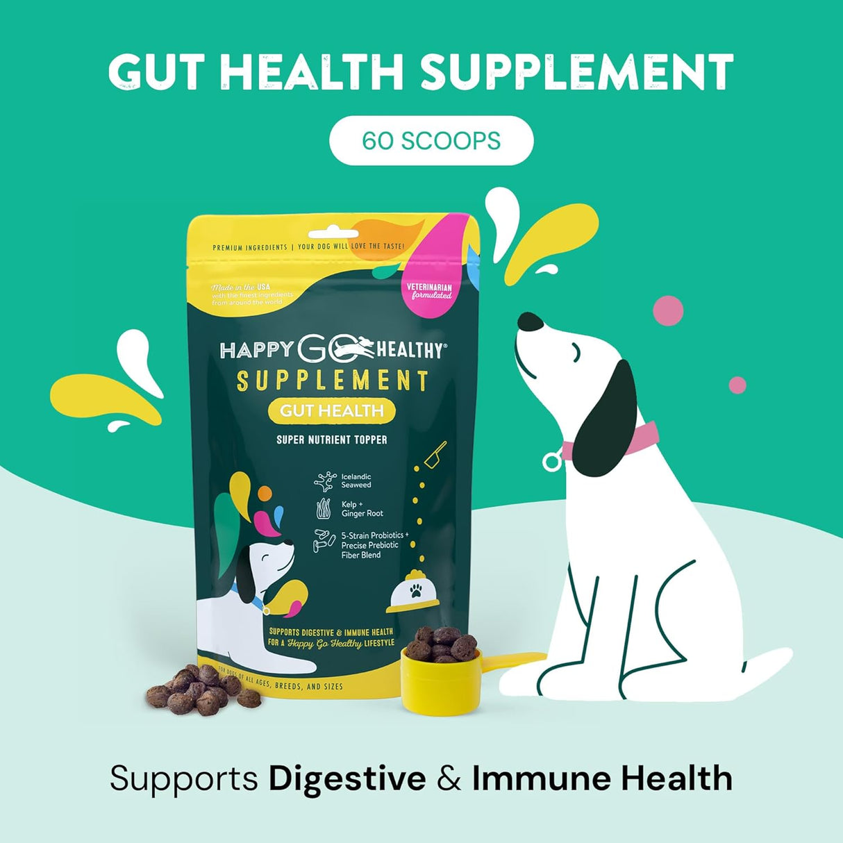 HAPPY GO HEALTHY Dog Gut Health Probiotics Supplement 60 Servicios