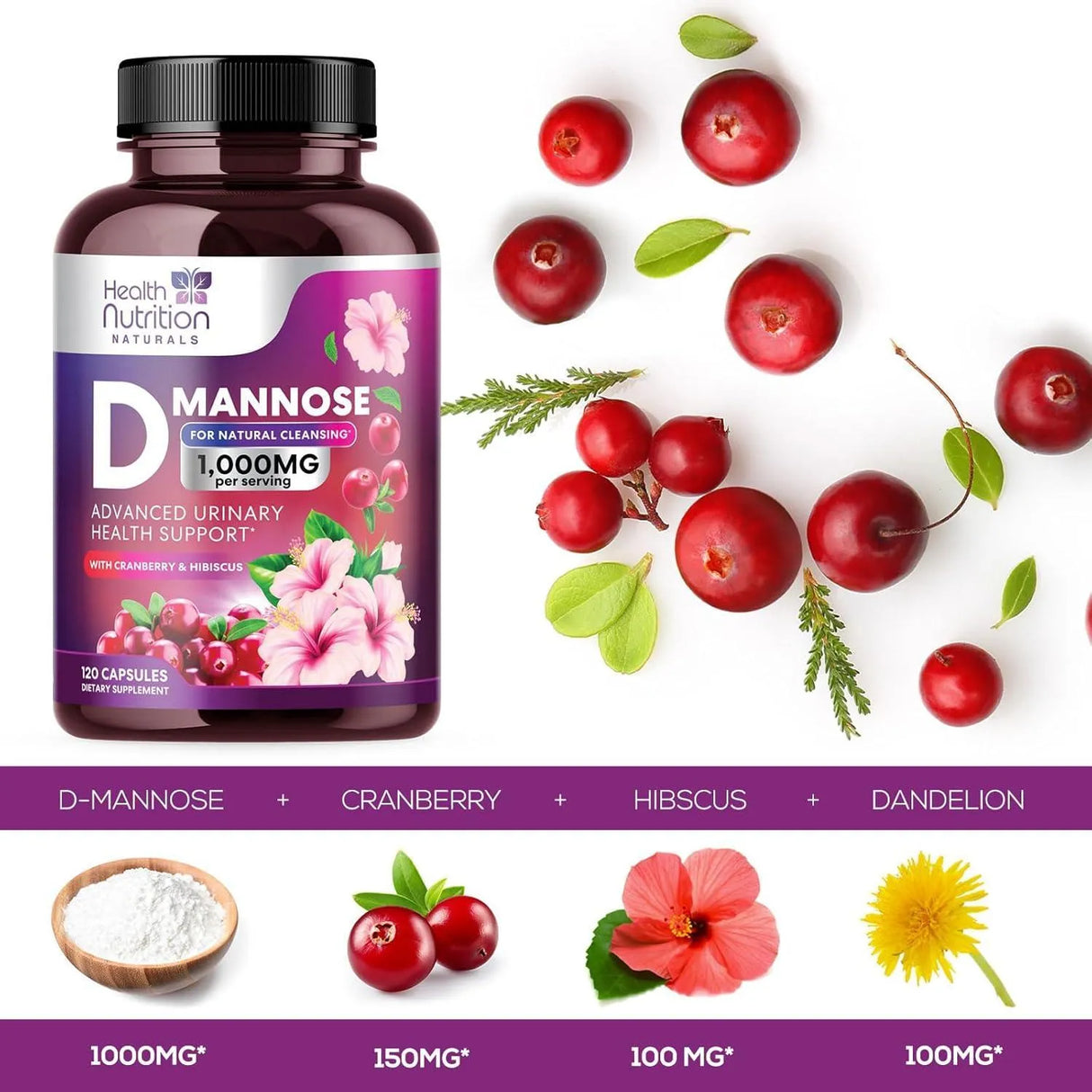 HEALTH NUTRITION NATURALS - Health Nutrition Naturals DMannose with Cranberry Extract 1350Mg. 120 Capsulas - The Red Vitamin MX - Suplementos Alimenticios - {{ shop.shopifyCountryName }}