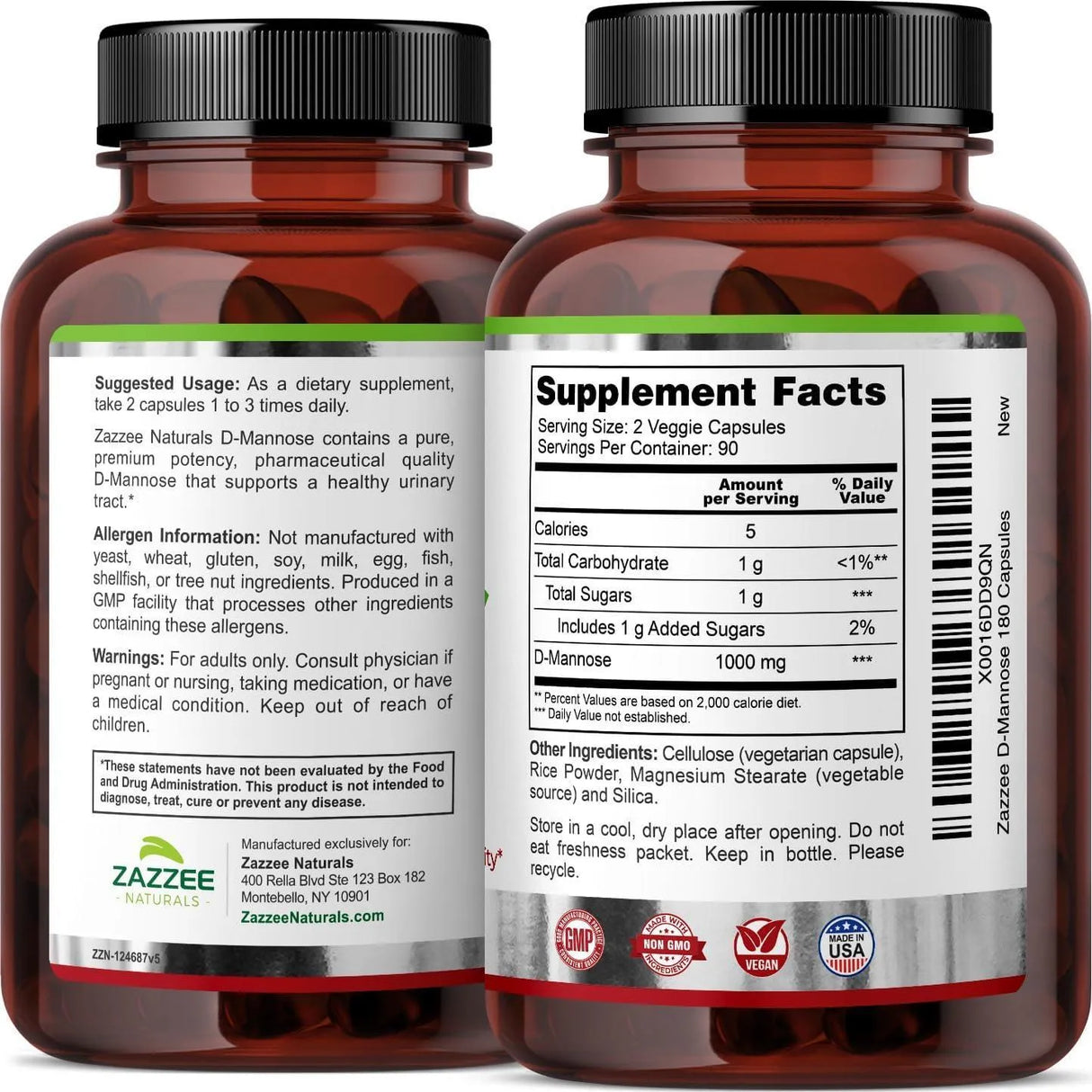 ZAZZEE NATURALS - Zazzee D-Mannose 1,000Mg. 180 Capsulas - The Red Vitamin MX - Suplementos Alimenticios - {{ shop.shopifyCountryName }}