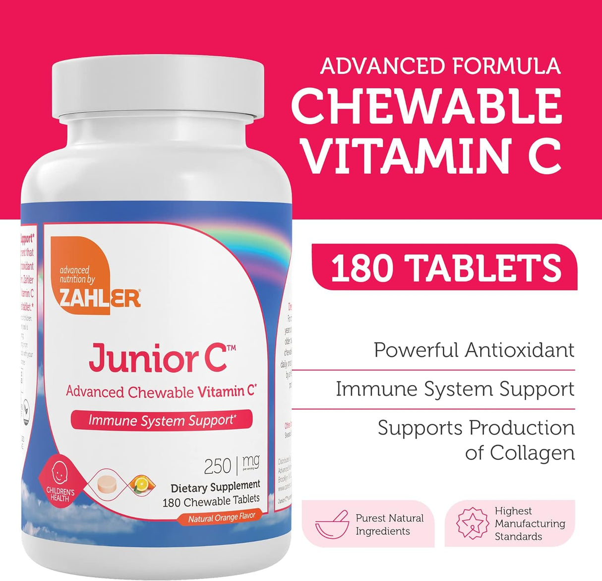 Zahler Junior C Advanced Chewable Vitamin C for Kids 180 Tabletas Masticables