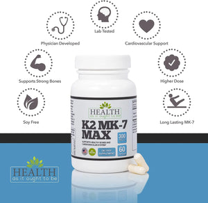 HEALTH AS IT OUGHT TO BE - Health As It Ought To Be Vitamin K2 MK7 MAX 300mcg 60 Capsulas - The Red Vitamin MX - Suplementos Alimenticios - {{ shop.shopifyCountryName }}