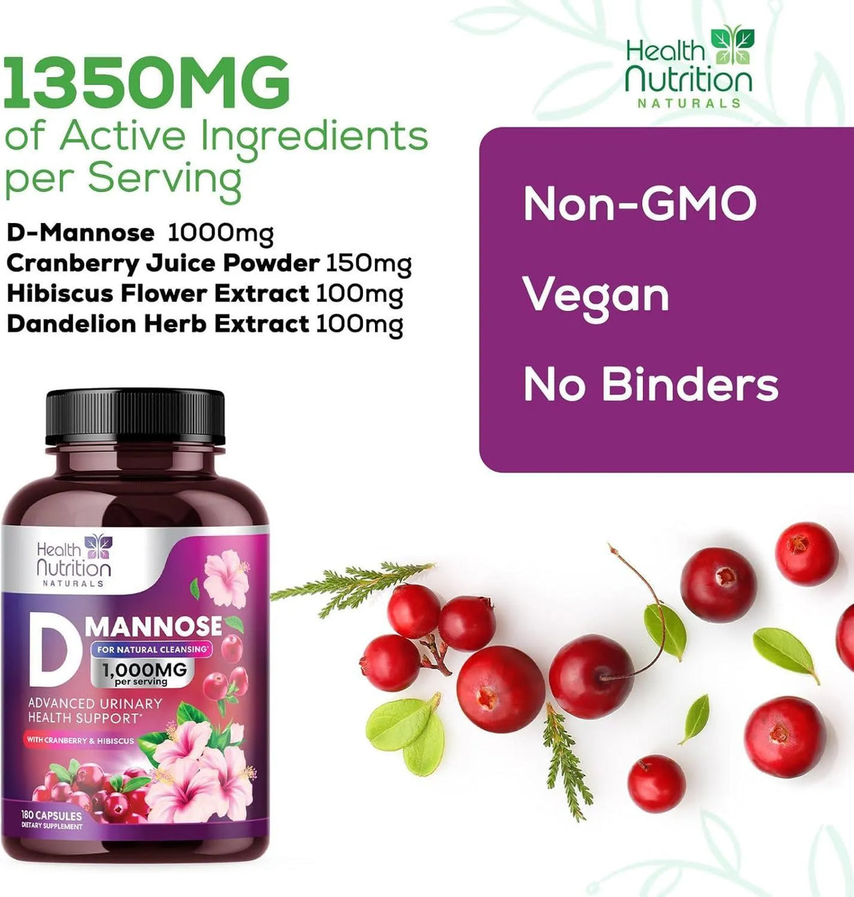 HEALTH NUTRITION NATURALS - Health Nutrition Naturals DMannose with Cranberry Extract 1350Mg. 180 Capsulas - The Red Vitamin MX - Suplementos Alimenticios - {{ shop.shopifyCountryName }}