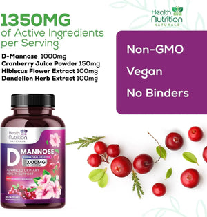 HEALTH NUTRITION NATURALS - Health Nutrition Naturals DMannose with Cranberry Extract 1350Mg. 180 Capsulas - The Red Vitamin MX - Suplementos Alimenticios - {{ shop.shopifyCountryName }}