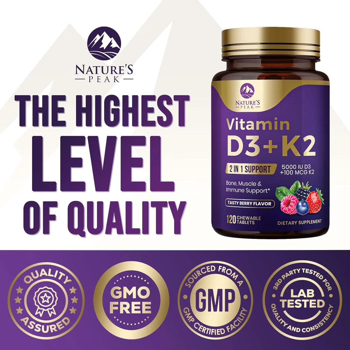 NATURE´S PEAK - Nature's Peak Vitamin D3 5000IU Plus K2 120 Tabletas Masticables - The Red Vitamin MX - Suplementos Alimenticios - {{ shop.shopifyCountryName }}