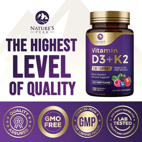NATURE´S PEAK - Nature's Peak Vitamin D3 5000IU Plus K2 120 Tabletas Masticables - The Red Vitamin MX - Suplementos Alimenticios - {{ shop.shopifyCountryName }}