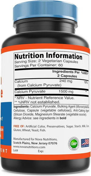 NOVA NUTRITIONS - Nova Nutritions Calcium Pyruvate 750Mg. 120 Capsulas - The Red Vitamin MX - Suplementos Alimenticios - {{ shop.shopifyCountryName }}