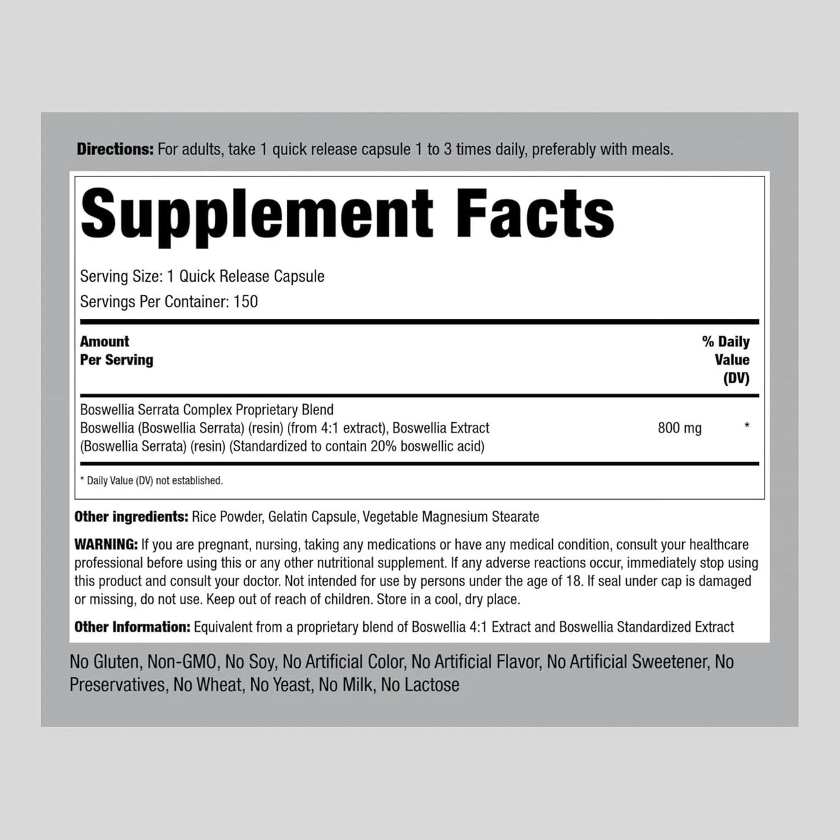 PIPING ROCK - Piping Rock Boswellia Serrata Extract 800Mg. 150 Capsulas - The Red Vitamin MX - Suplementos Alimenticios - {{ shop.shopifyCountryName }}