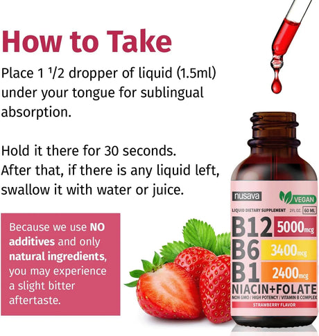NUSAVA - NUSAVA Vitamin B12 and B6 Liquid Drops Strawberry 2 Fl.Oz. 2 Pack - The Red Vitamin MX - Suplementos Alimenticios - {{ shop.shopifyCountryName }}