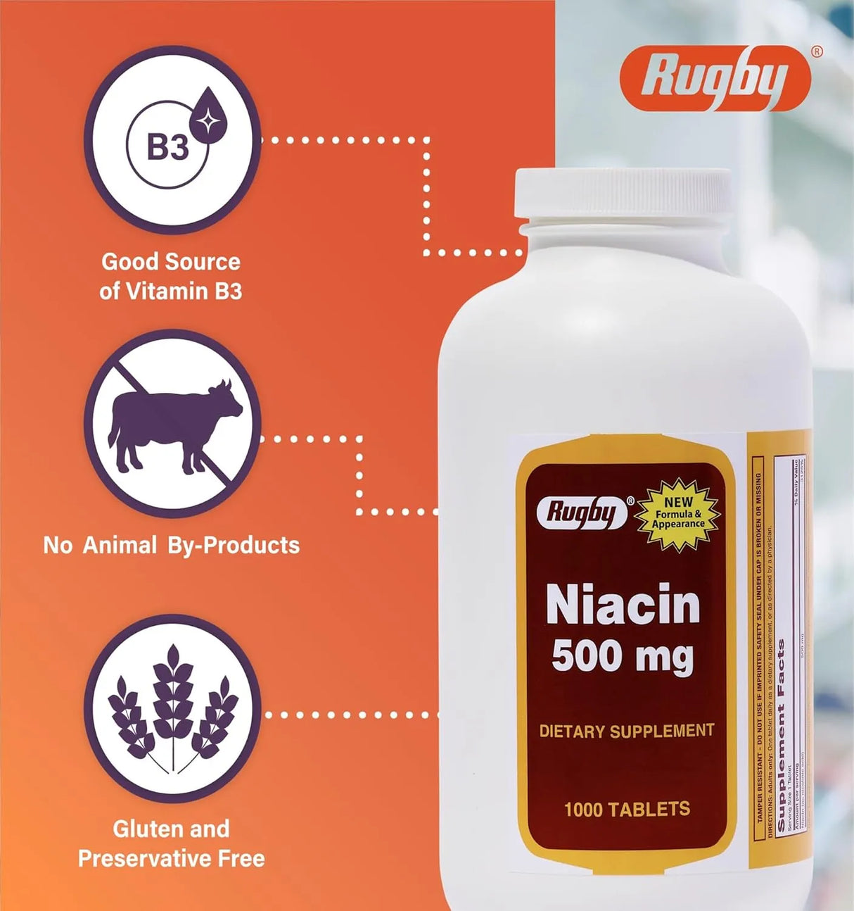 RUGBY LABORATORIES - Rugby Niacin 500Mg. 1000 Tabletas - The Red Vitamin MX - Suplementos Alimenticios - {{ shop.shopifyCountryName }}