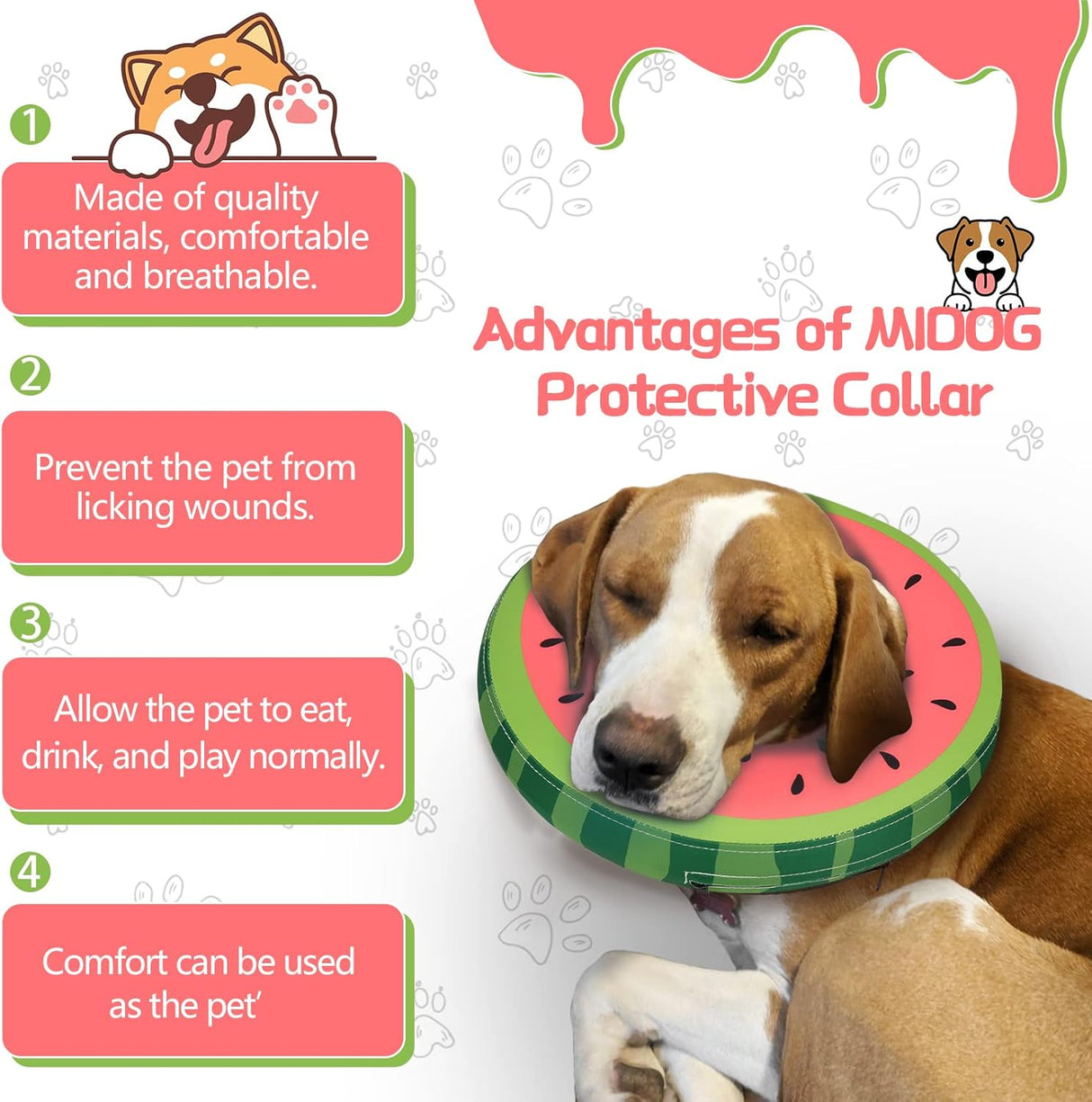 MIDOG Inflatable Dog Cone Collar Watermelon LARGE Neck 14"-18"