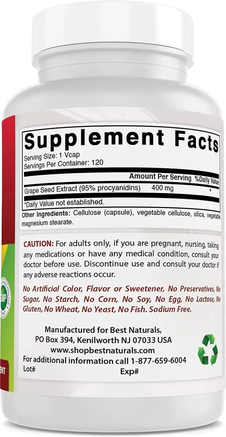 BEST NATURALS - Best Naturals Grape Seed Extract 400Mg. 120 Capsulas 2 Pack - The Red Vitamin MX - Suplementos Alimenticios - {{ shop.shopifyCountryName }}