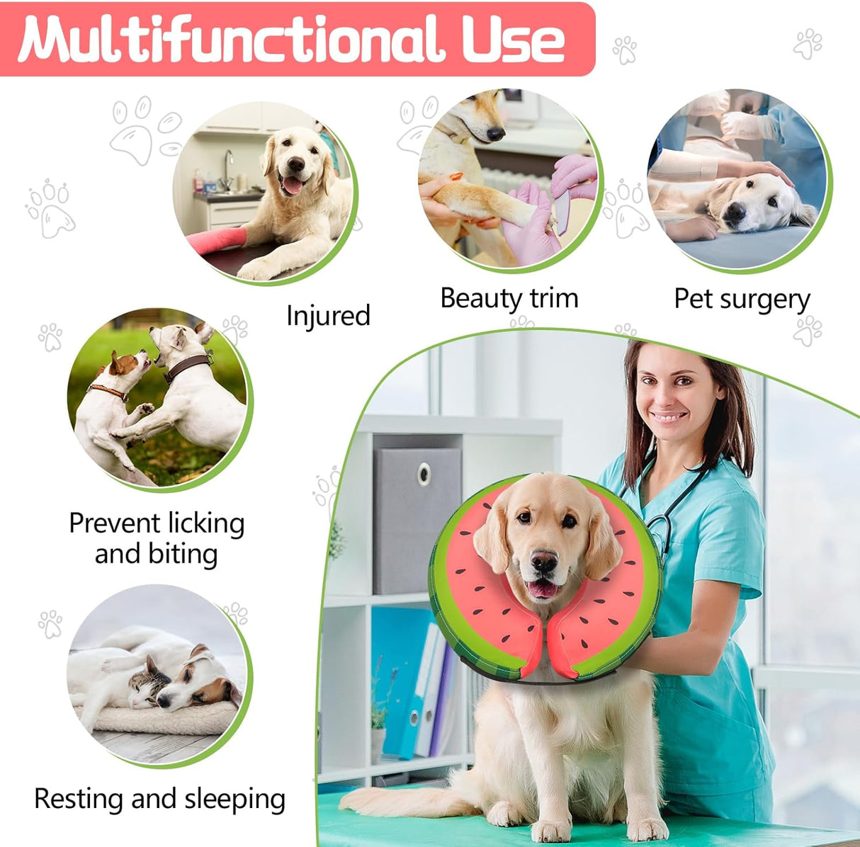 MIDOG Inflatable Dog Cone Collar Watermelon LARGE Neck 14"-18"