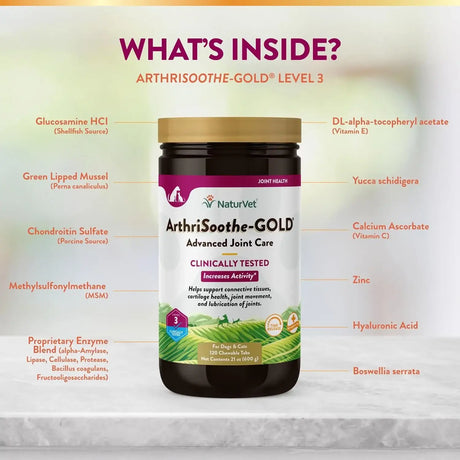 NATURVET - NaturVet ArthriSoothe-GOLD Level 3 Advanced Joint Care 120 Tabletas Masticables - The Red Vitamin MX - Cuidado De Cadera Y Articulaciones Para Perros - {{ shop.shopifyCountryName }}