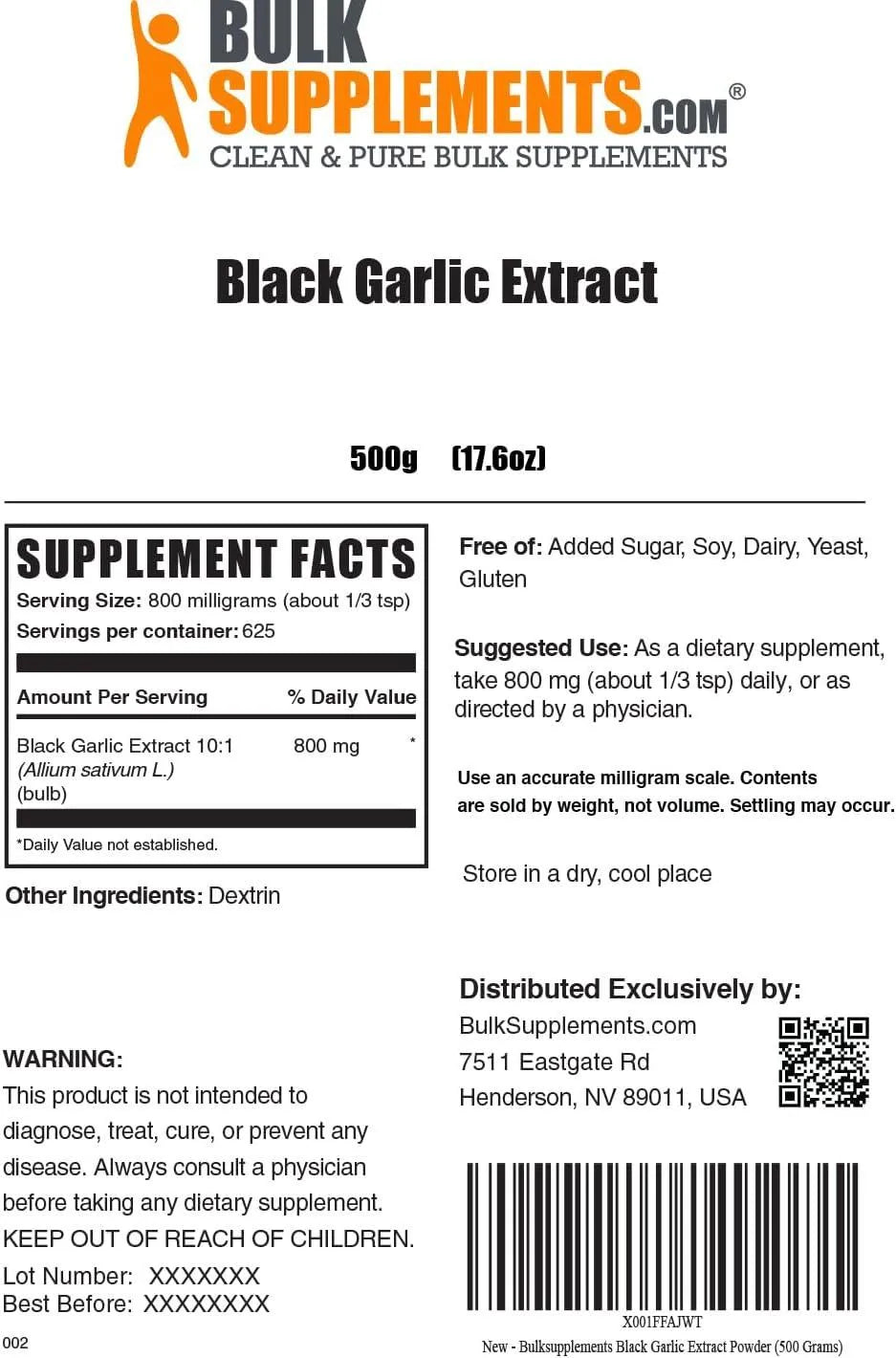 BULK SUPPLEMENTS - Bulk Supplements Black Garlic Extract 500Gr. - The Red Vitamin MX - Suplementos Alimenticios - {{ shop.shopifyCountryName }}