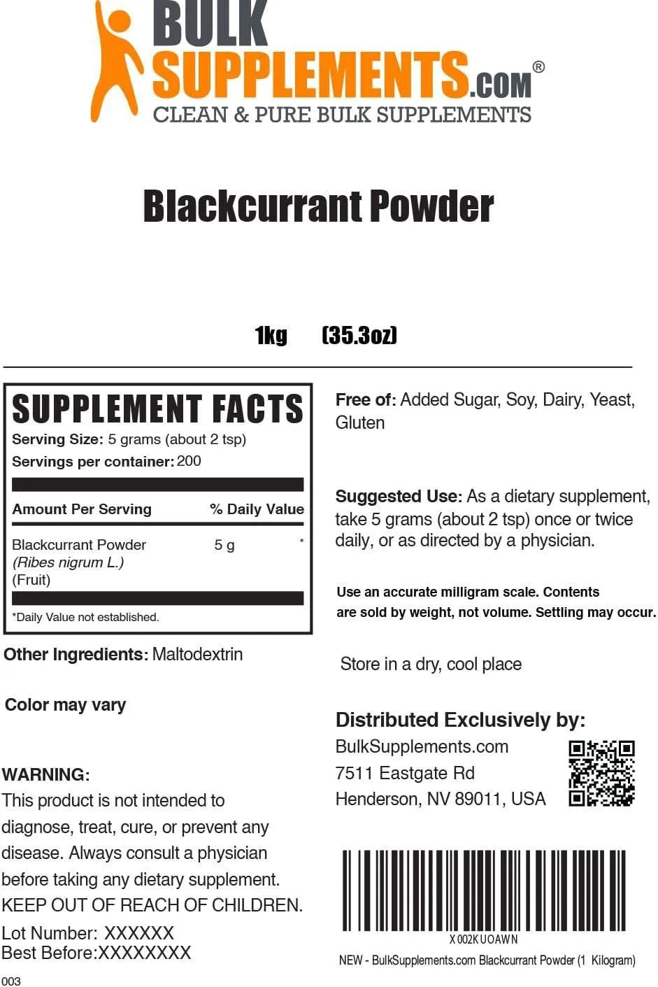 BULK SUPPLEMENTS - Bulk Supplements Blackcurrant Powder 1 Kg. - The Red Vitamin MX - Suplementos Alimenticios - {{ shop.shopifyCountryName }}