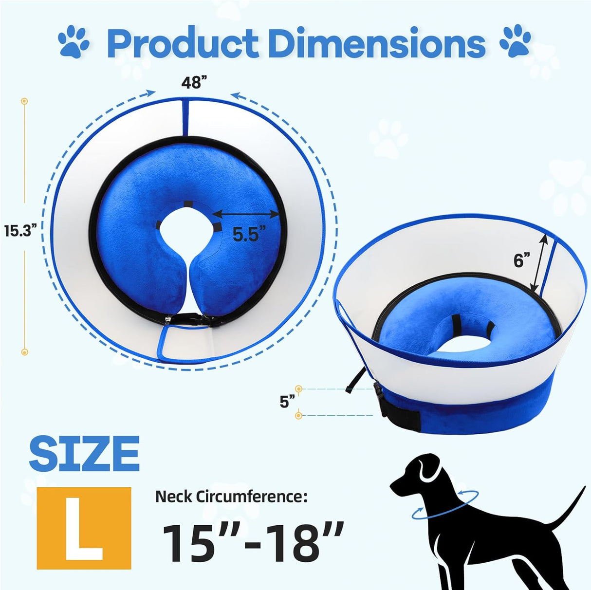 NoarWin 2-in-1 Inflatable Dog Cone Collar with Detachable Anti-Licking Shield BLUE LARGE