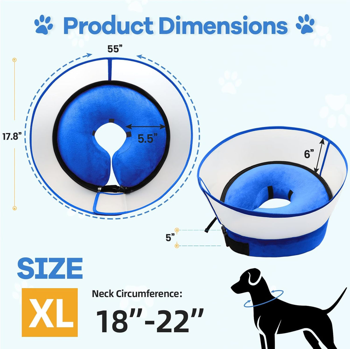 NoarWin 2-in-1 Inflatable Dog Cone Collar with Detachable Anti-Licking Shield BLUE XLARGE