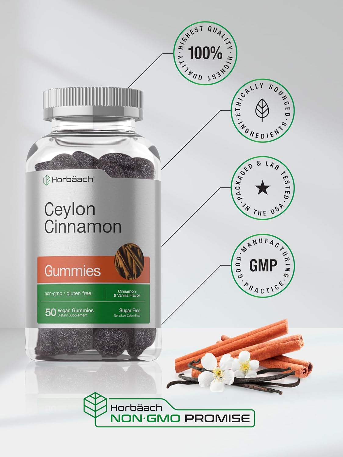 Horbaach Sugar Free Ceylon Cinnamon Gummies 2000Mg. 50 Gomitas