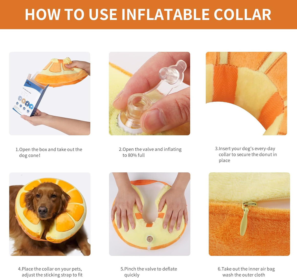 IEUUMLER Inflatable Recovery Dog Collar ORANGE LARGE Neck:14''-17''