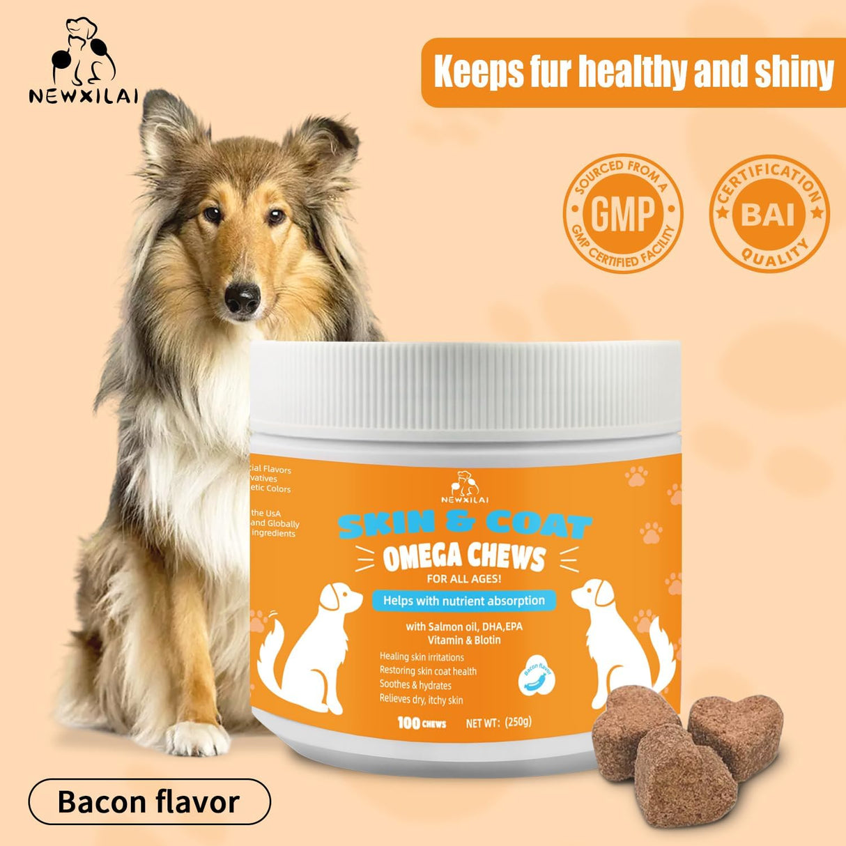 NEWXILAI Skin and Coat Chews for Dogs 100 Masticables