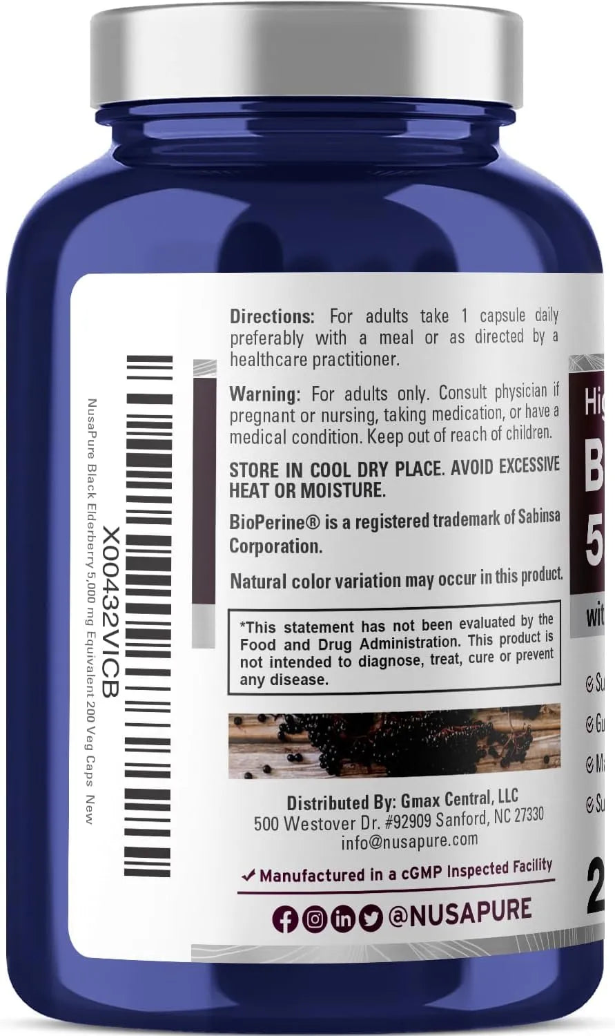 NUSAPURE - NusaPure Black Elderberry 5000Mg. 200 Capsulas - The Red Vitamin MX - Suplementos Alimenticios - {{ shop.shopifyCountryName }}