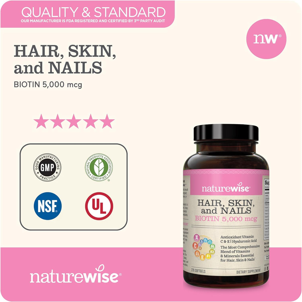 NatureWise Hair Skin and Nails Vitamin 270 Capsulas Blandas