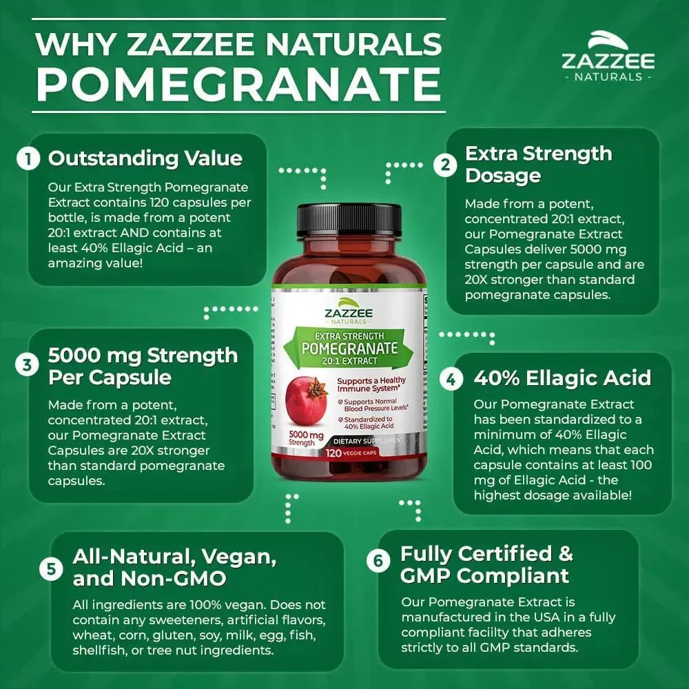 ZAZZEE NATURALS - Zazzee Extra Strength Pomegranate 20:1 Extract 5000Mg. 120 Capsulas - The Red Vitamin MX - Suplementos Alimenticios - {{ shop.shopifyCountryName }}