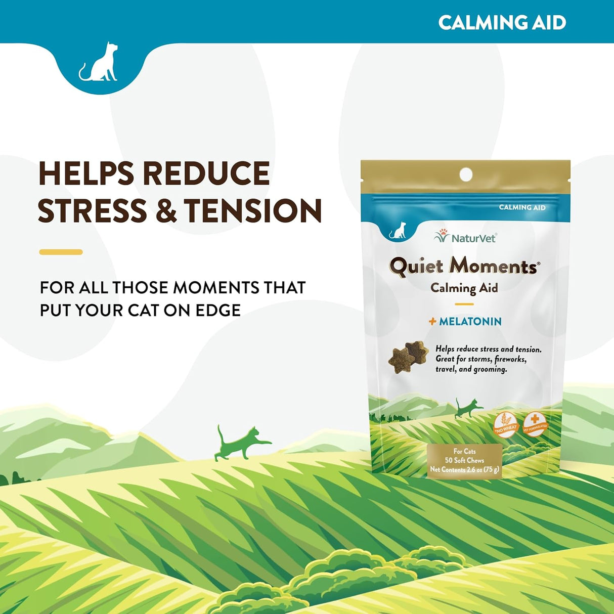 NaturVet Quiet Moments Calming Aid Cat Supplement Plus Melatonin 50 Masticables
