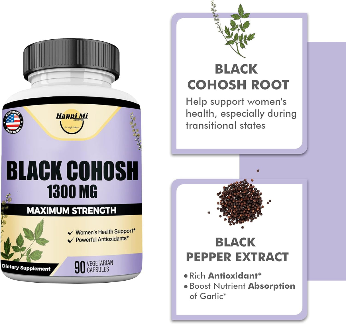 Happi Mi Nutrition Black Cohosh Made with Organic Black Cohosh Root 1300Mg. 90 Capsulas