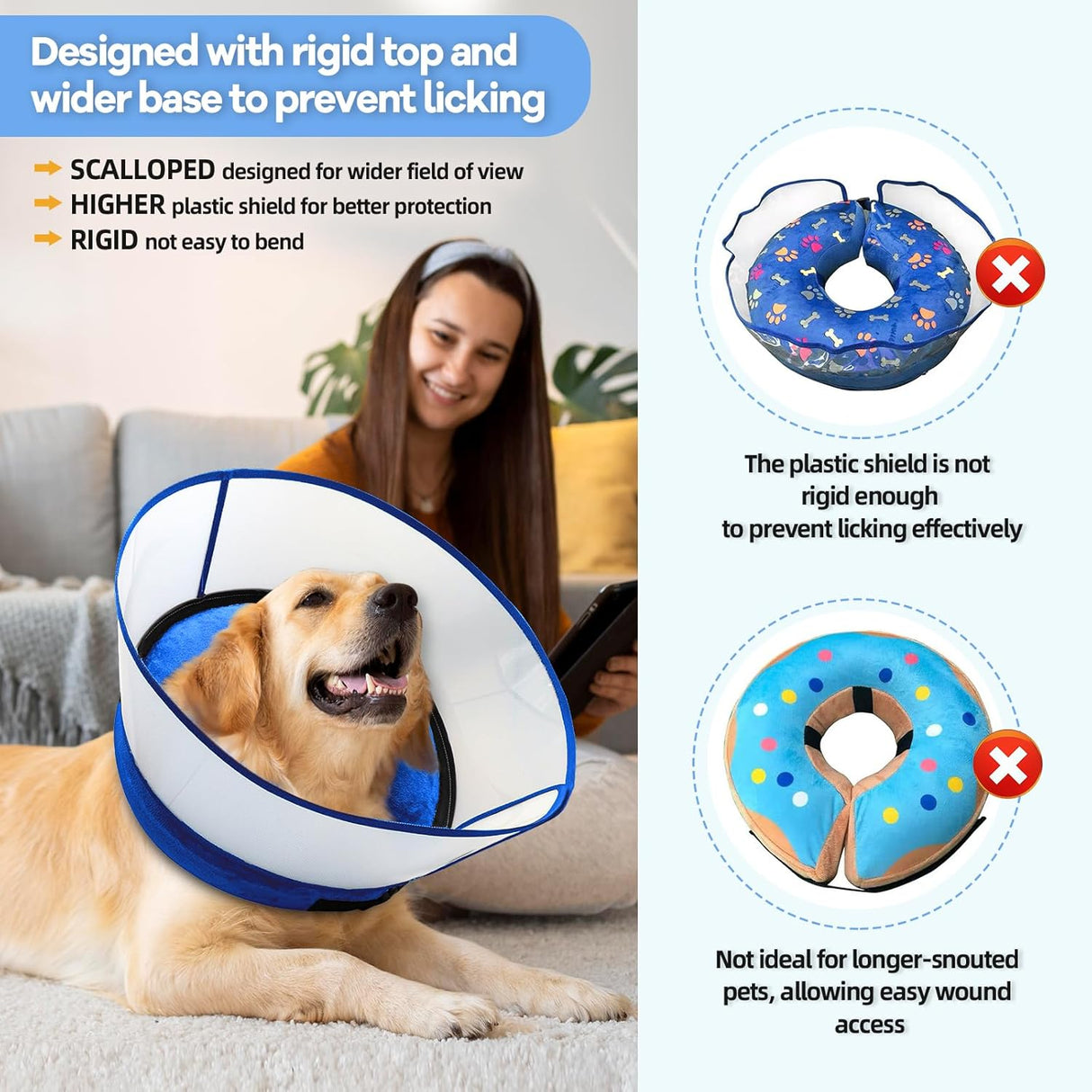 NoarWin 2-in-1 Inflatable Dog Cone Collar with Detachable Anti-Licking Shield BLUE XLARGE