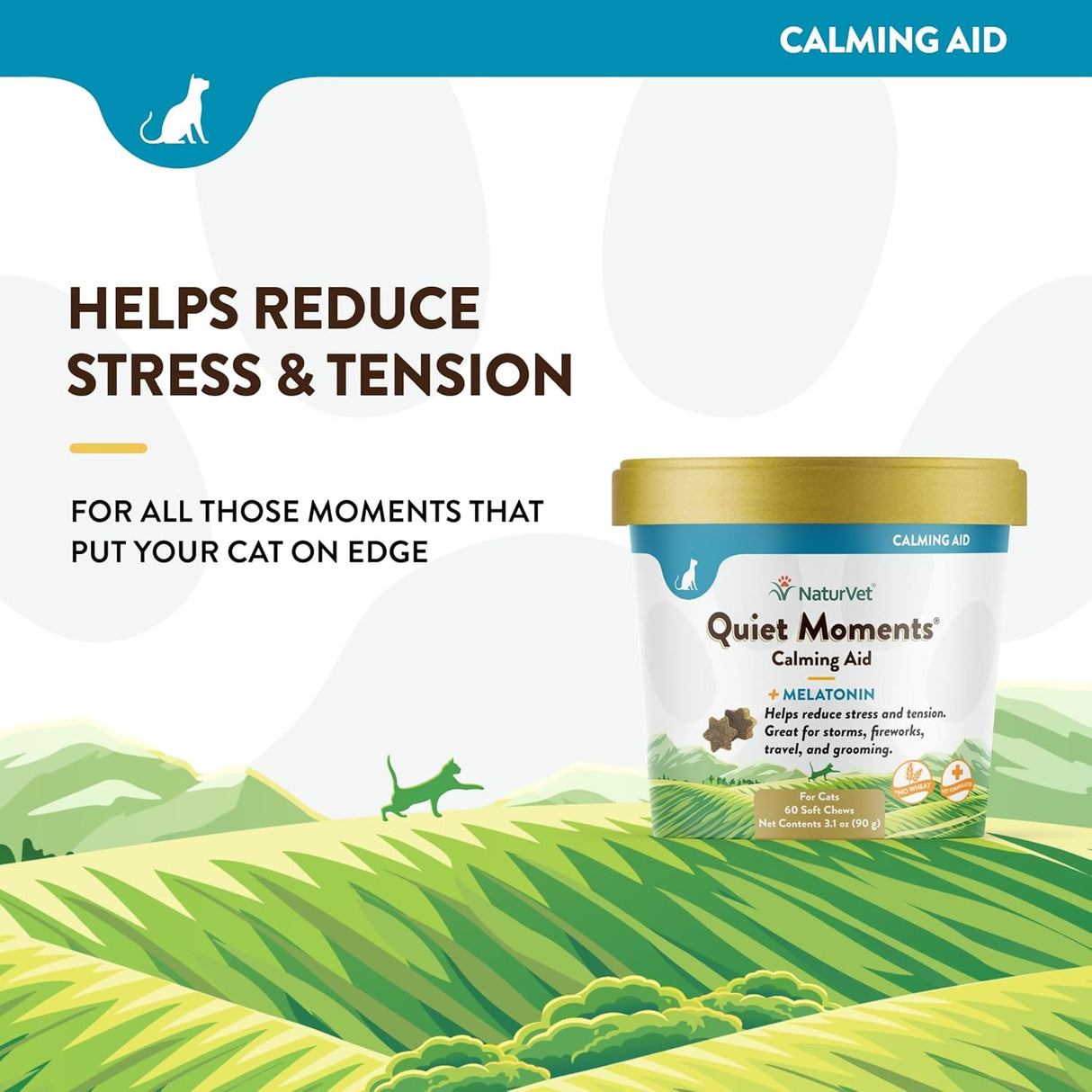NaturVet Quiet Moments Calming Aid Cat Supplement Plus Melatonin 60 Masticables