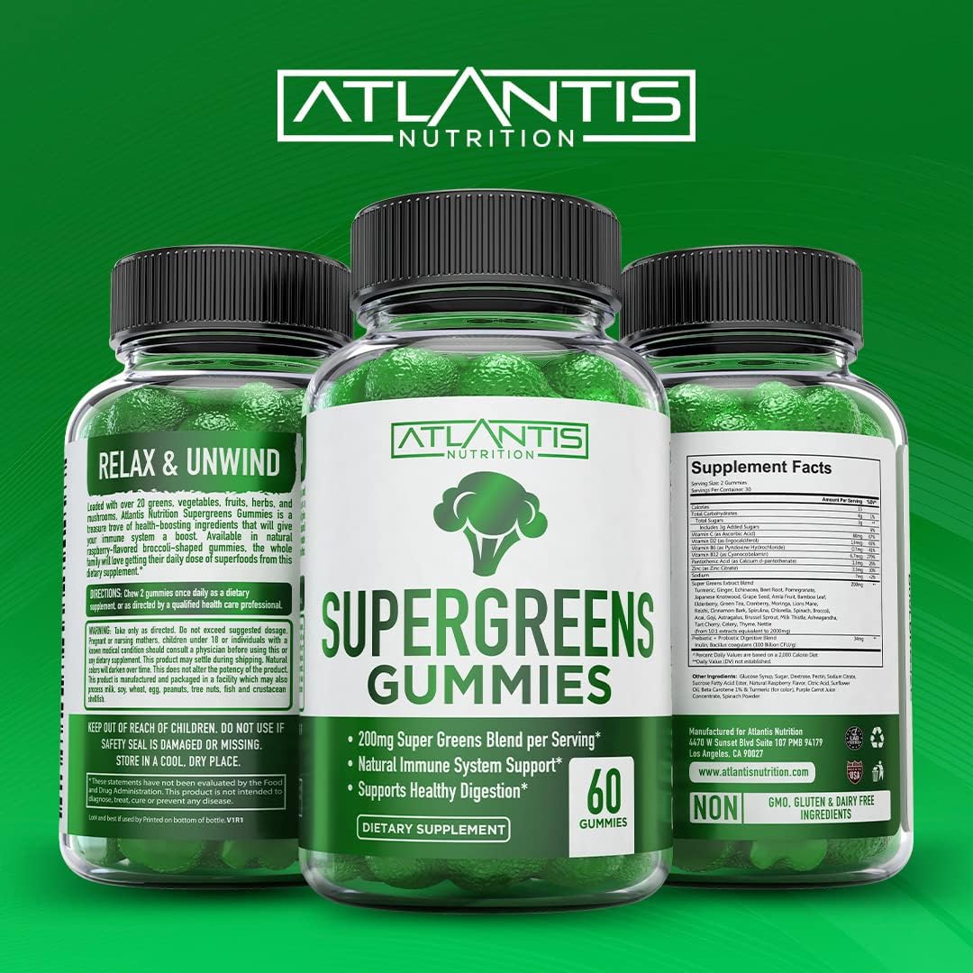 Atlantis Nutrition Supergreens Gummies Natural Raspberry Flavor 60 Gomitas