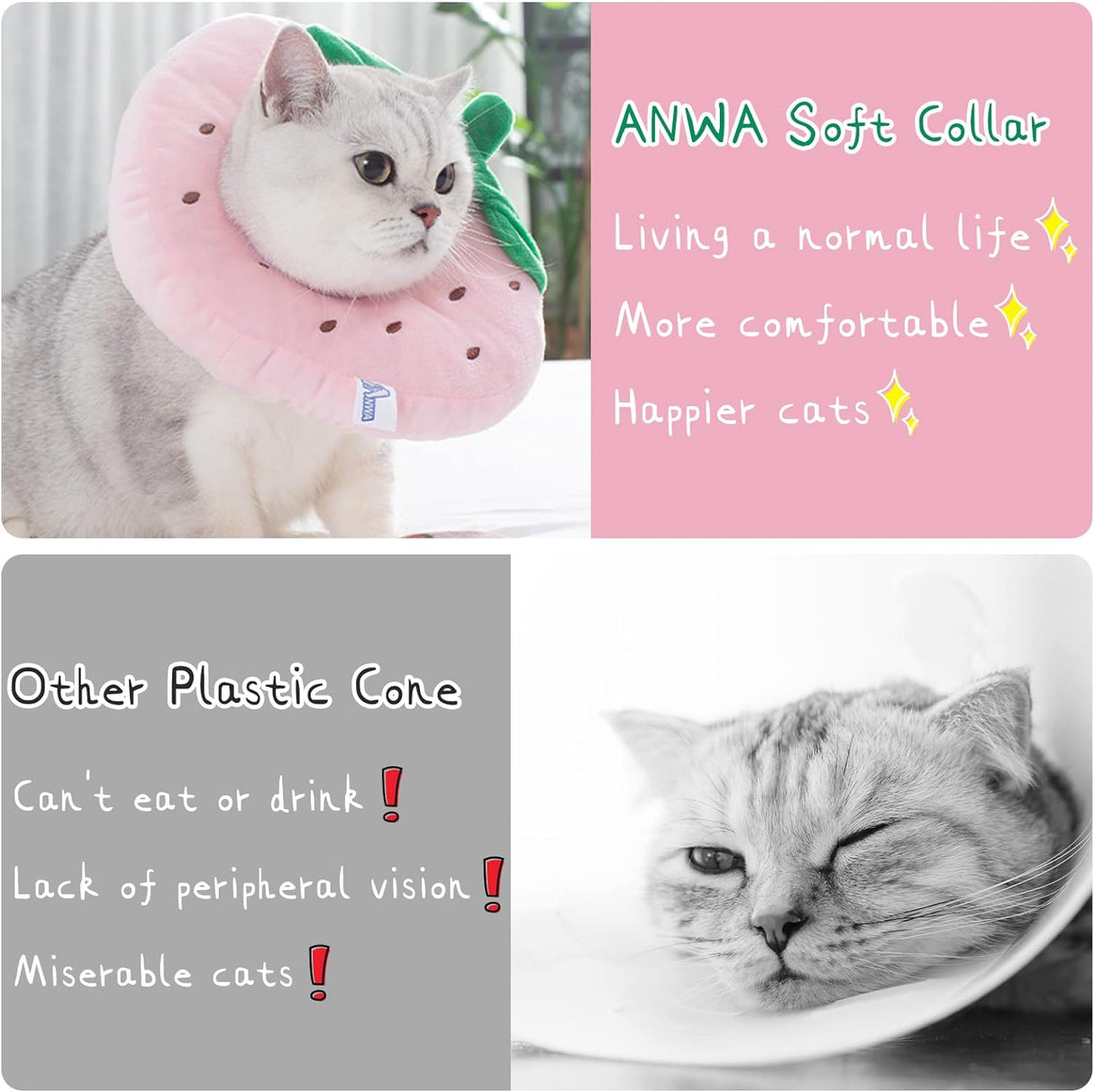 ANWA Adjustable Cat Cone Collar Soft Strawberry Large