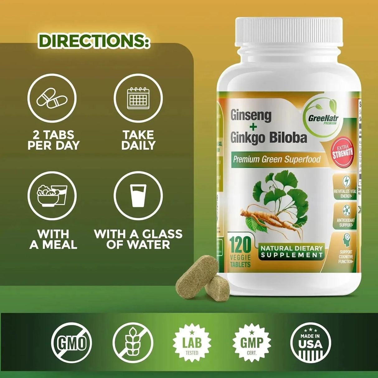 GREENATR - GreeNatr Ginko Biloba & Panax Ginseng 120 Tabletas - The Red Vitamin MX - Suplementos Alimenticios - {{ shop.shopifyCountryName }}