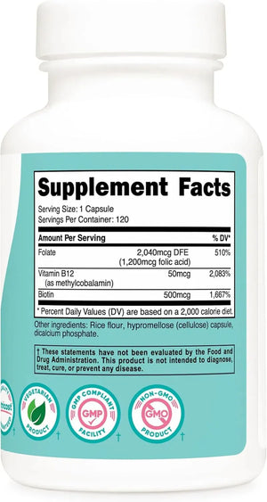 NUTRICOST - Nutricost Folic Acid for Women 1200mcg 120 Capsulas - The Red Vitamin MX - Suplementos Alimenticios - {{ shop.shopifyCountryName }}