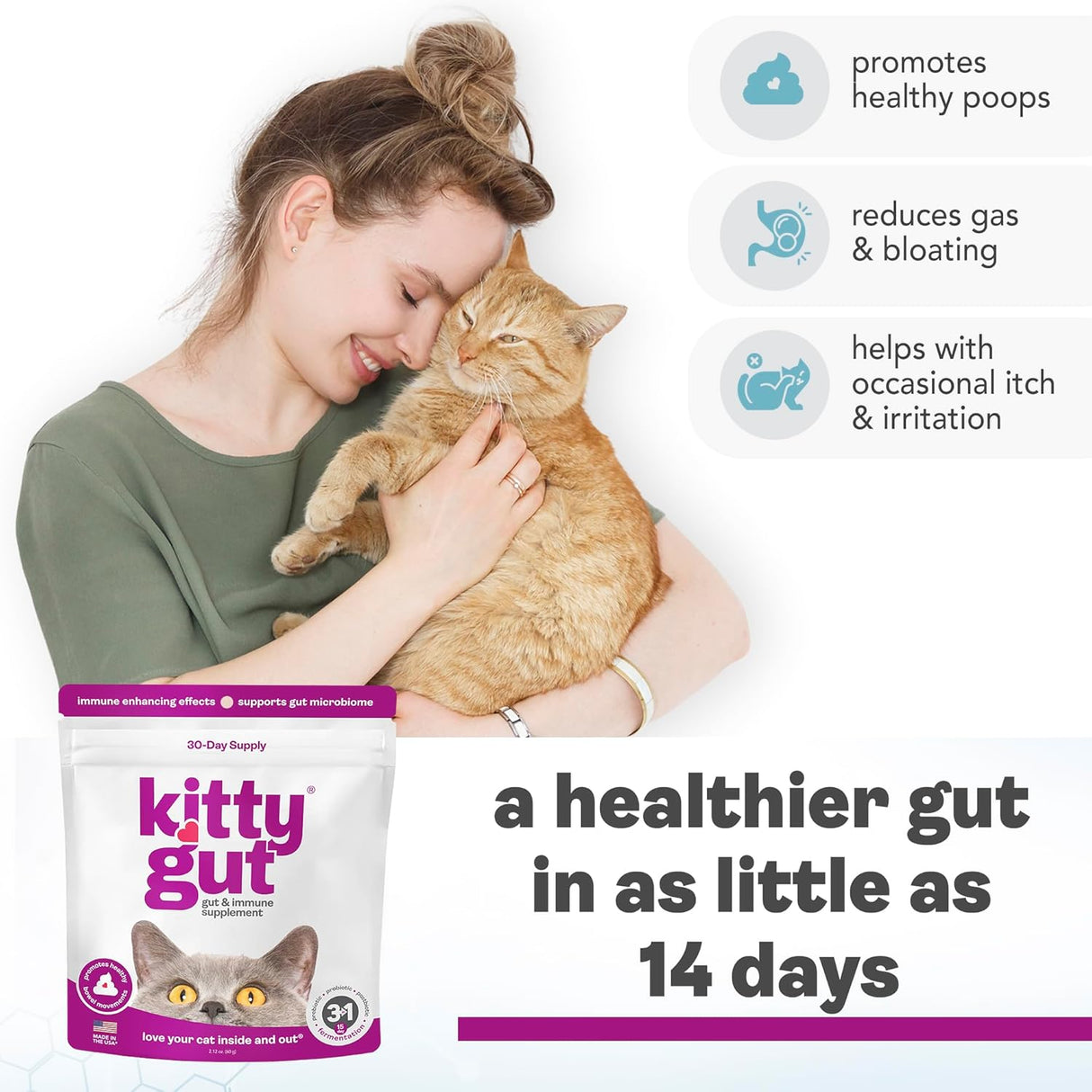 MUTTGUT KittyGut 3-in-1 Organic Cat Probiotics & Postbiotic Supplement Powder 60Gr.