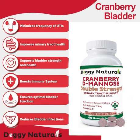 DOGGY NATURALS - Doggy Naturals Cranberry D-Mannose for Dogs and Cats Urinary Tract 60 Tabletas Masticables - The Red Vitamin MX - Salud De Tracto Urinario Para Perros - {{ shop.shopifyCountryName }}