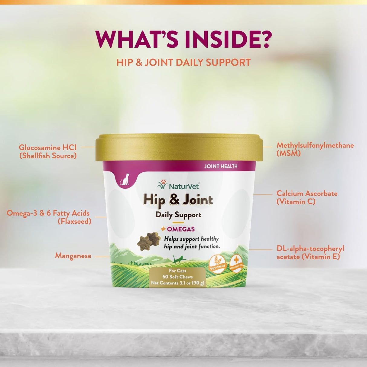 NaturVet Hip & Joint for Cats Plus Omegas 60 Masticables