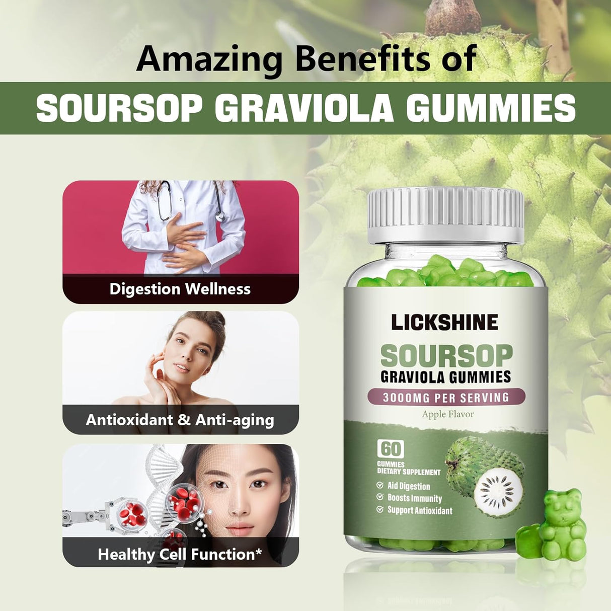 Lickshine Soursop Graviola Gummies 3000Mg. 60 Gomitas