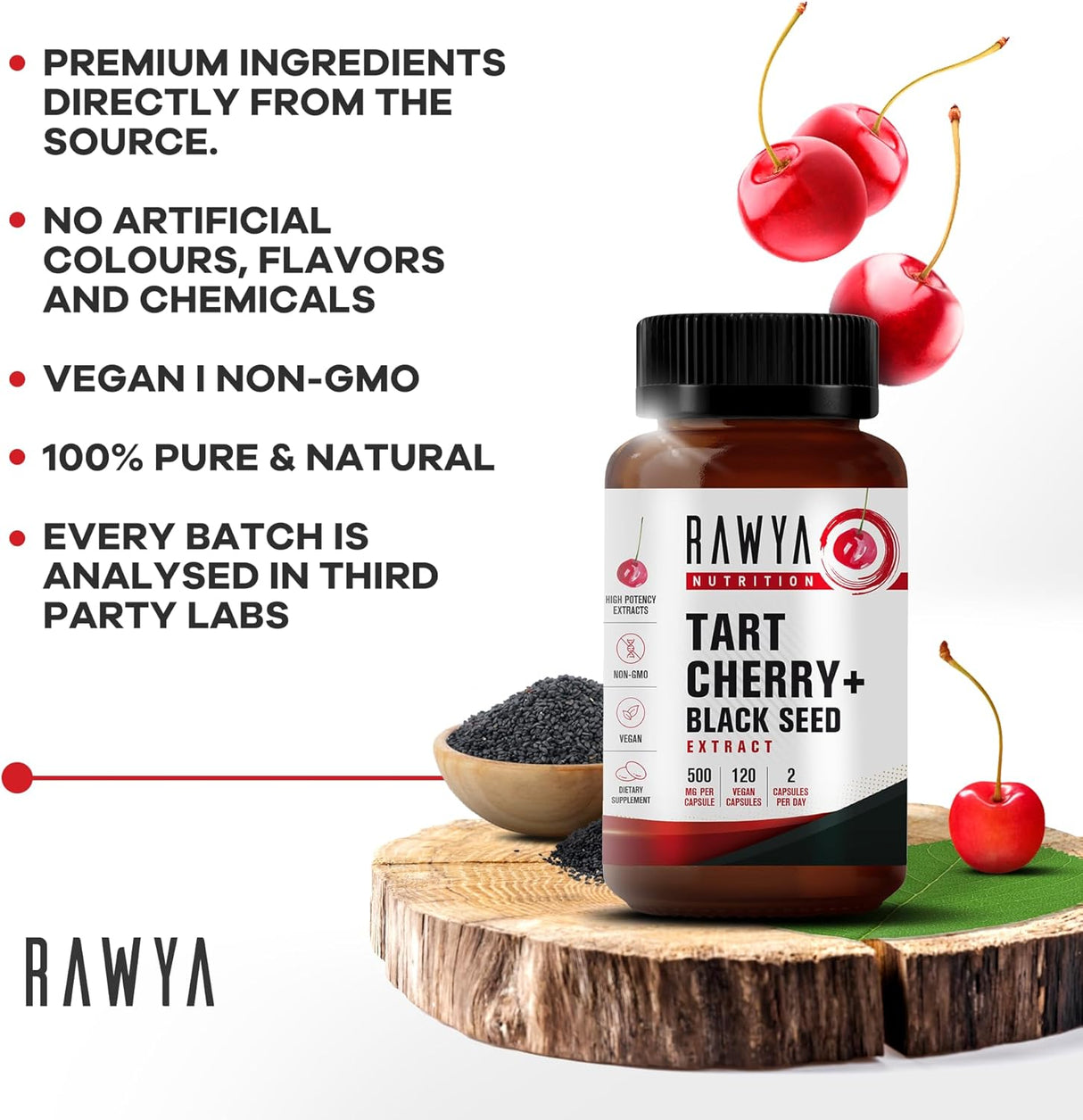 RAWYA Nutrition Tart Cherry Extract with Black Seed Powder 500Mg. 120 Capsulas